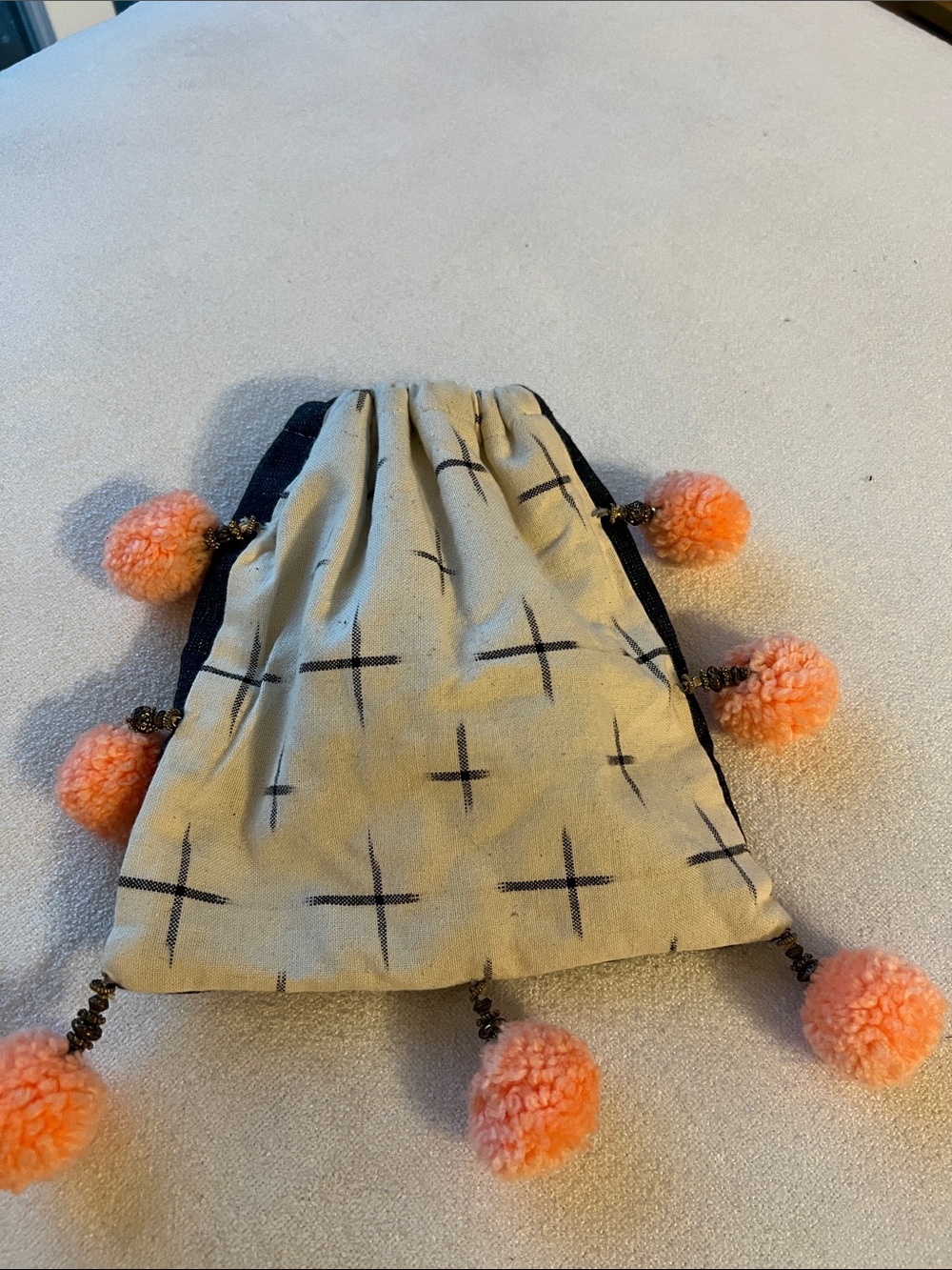 Handmade gathered Pouch with Peach Pom-Poms
